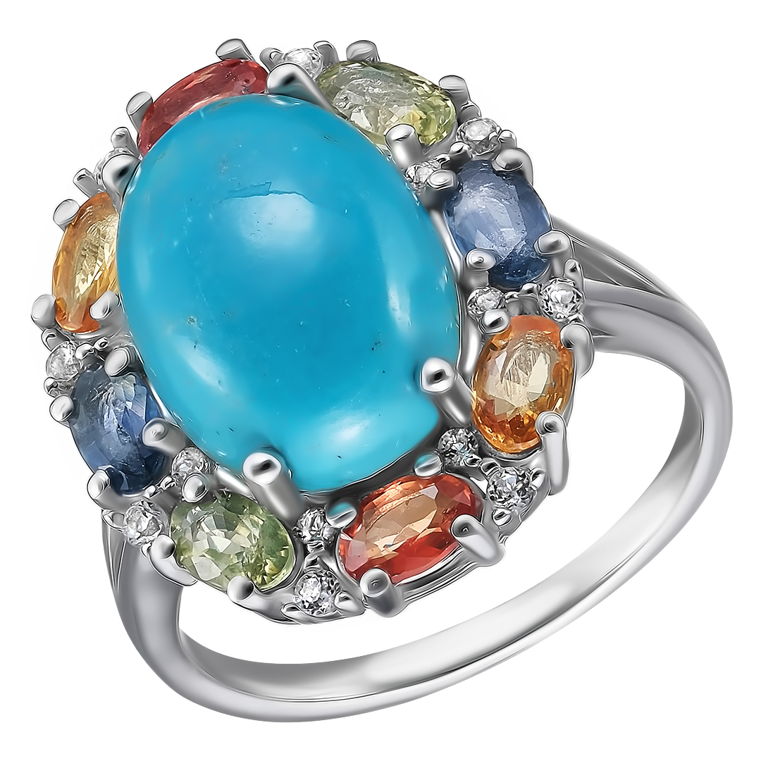 Серебряное кольцо 925 пробы; вставки 1 Бирюза 5,2ct; 8 Сапфир разноцв. 2,2ct; 16 Топаз белый;