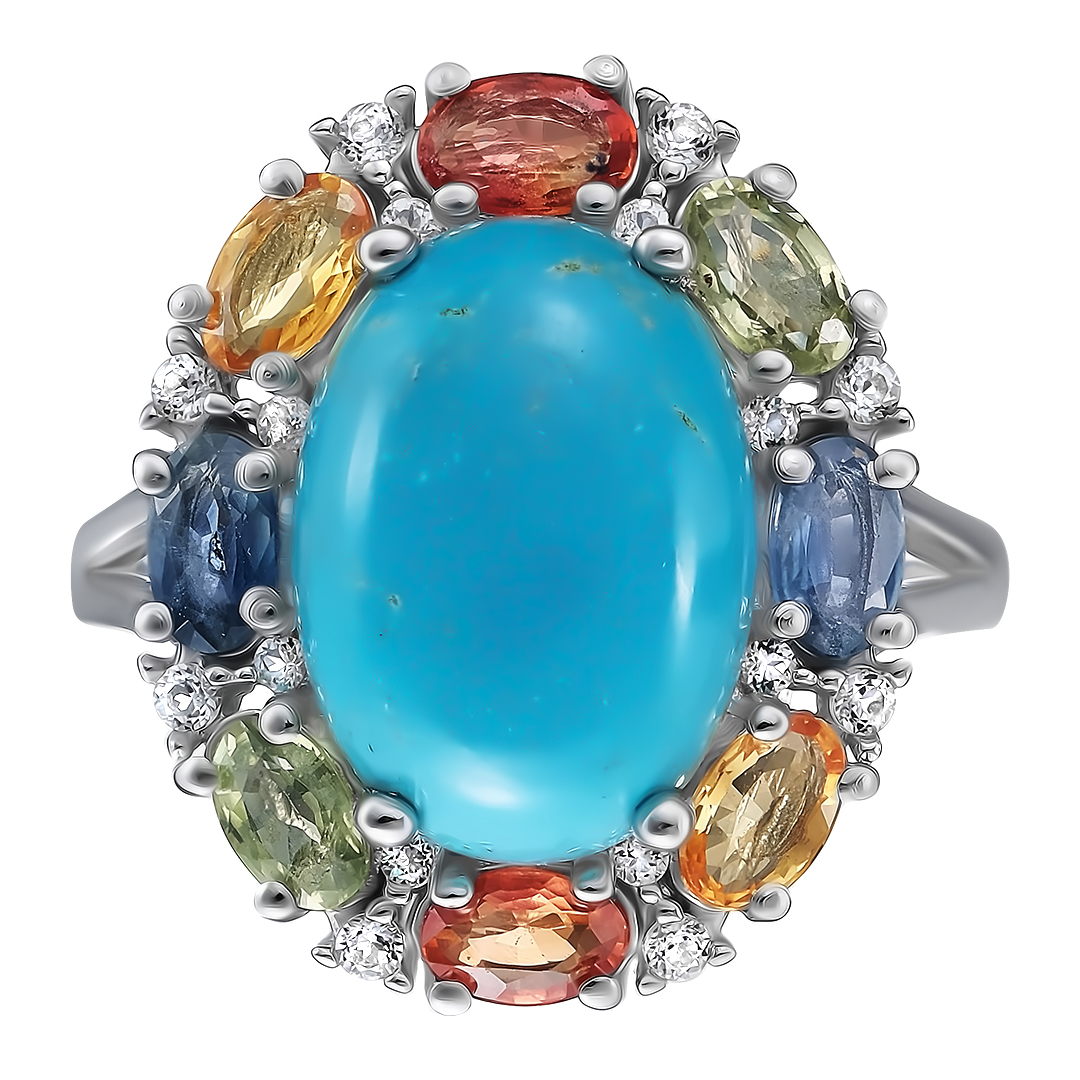 Серебряное кольцо 925 пробы; вставки 1 Бирюза 5,2ct; 8 Сапфир разноцв. 2,2ct; 16 Топаз белый;