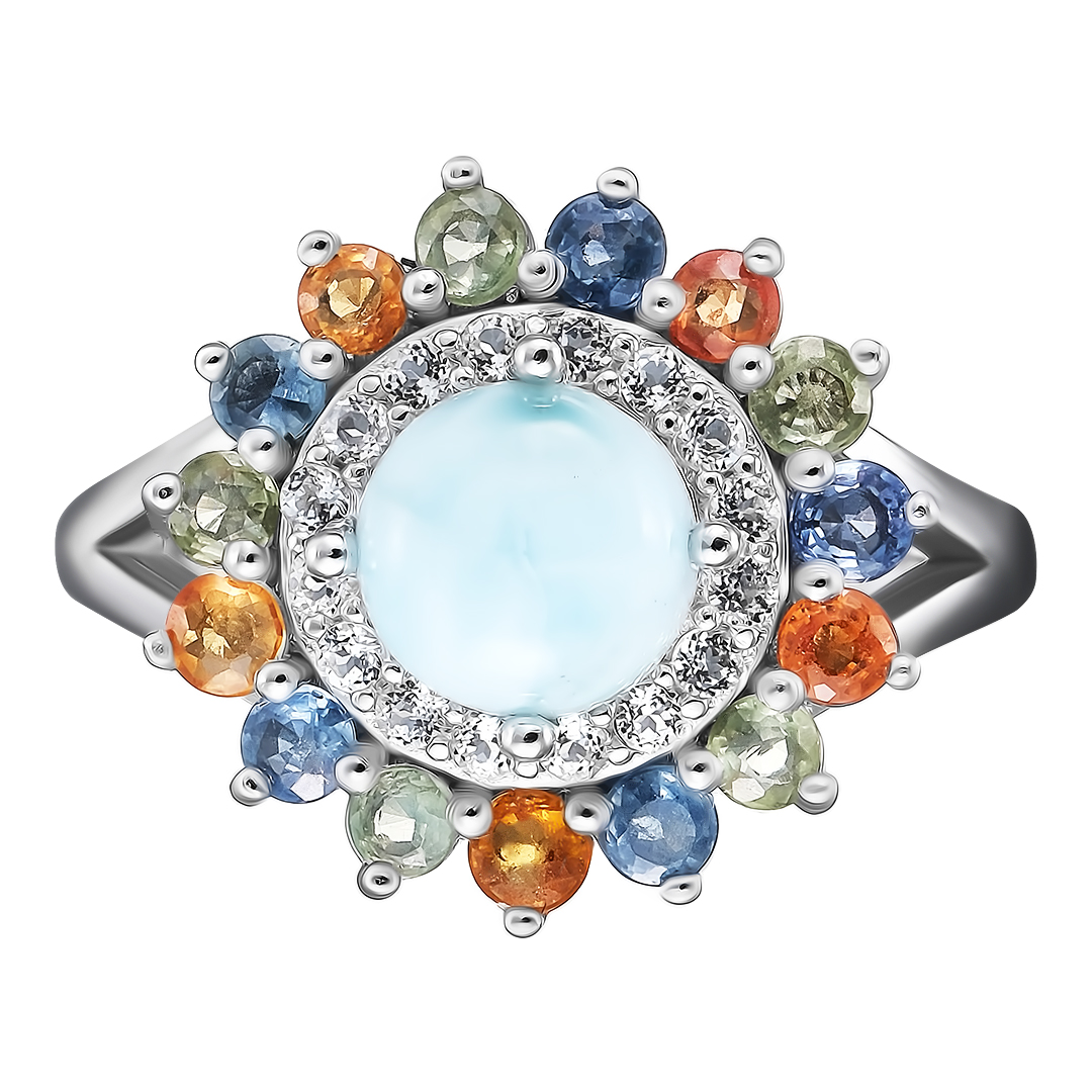 Серебряное кольцо 925 пробы; вставки 1 Ларимар 1,64ct; 15 Сапфир разноцв. 1,14ct; 16 Топаз белый;