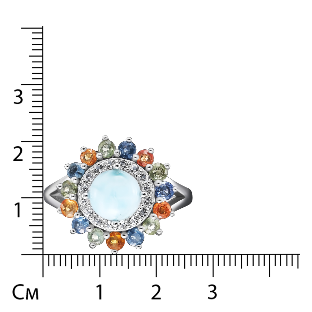 Серебряное кольцо 925 пробы; вставки 1 Ларимар 1,64ct; 15 Сапфир разноцв. 1,14ct; 16 Топаз белый;