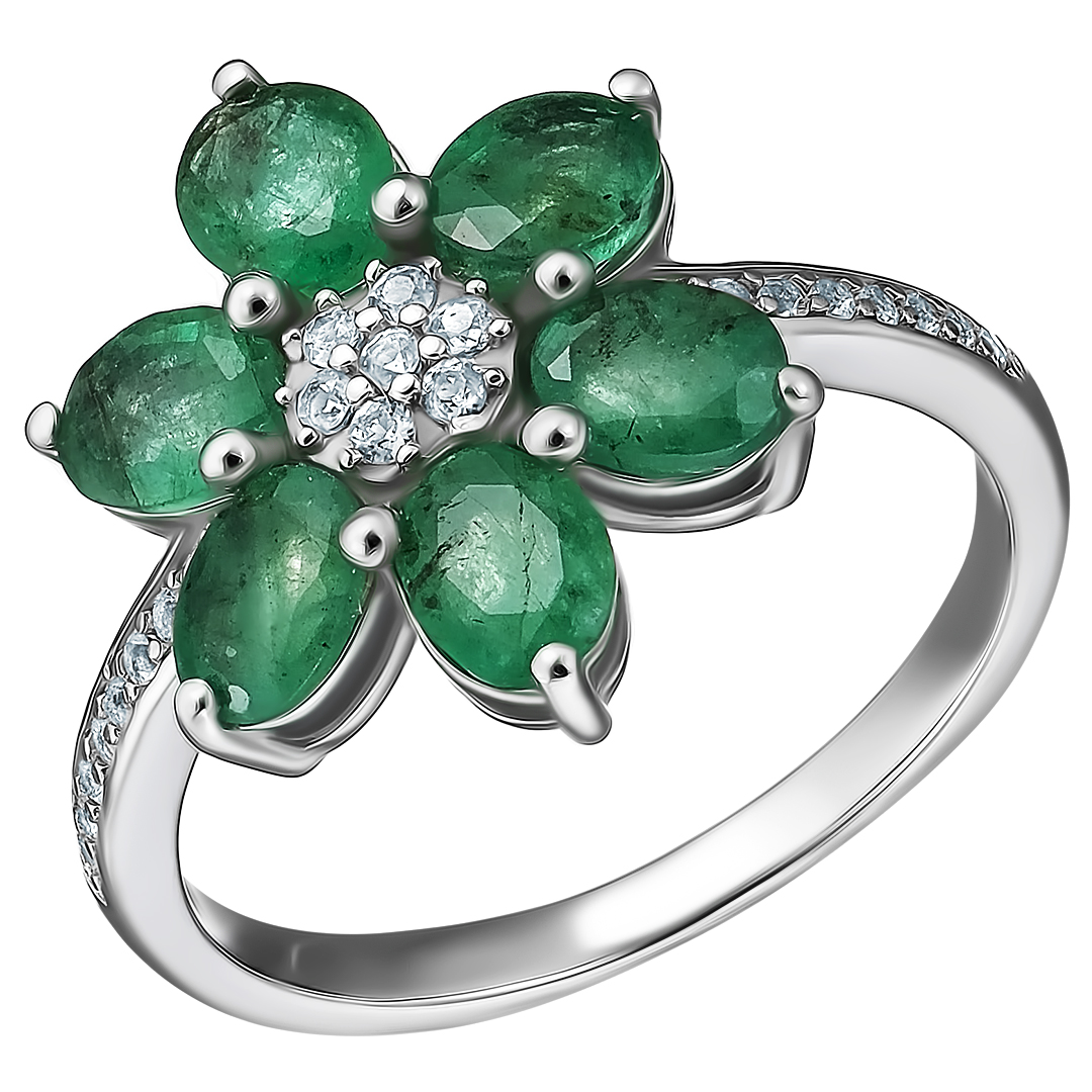 Серебряное кольцо 925 пробы; вставки 6 Изумруд (О) 4/Г3 1,85ct; 23 Топаз бел. 0,17ct;