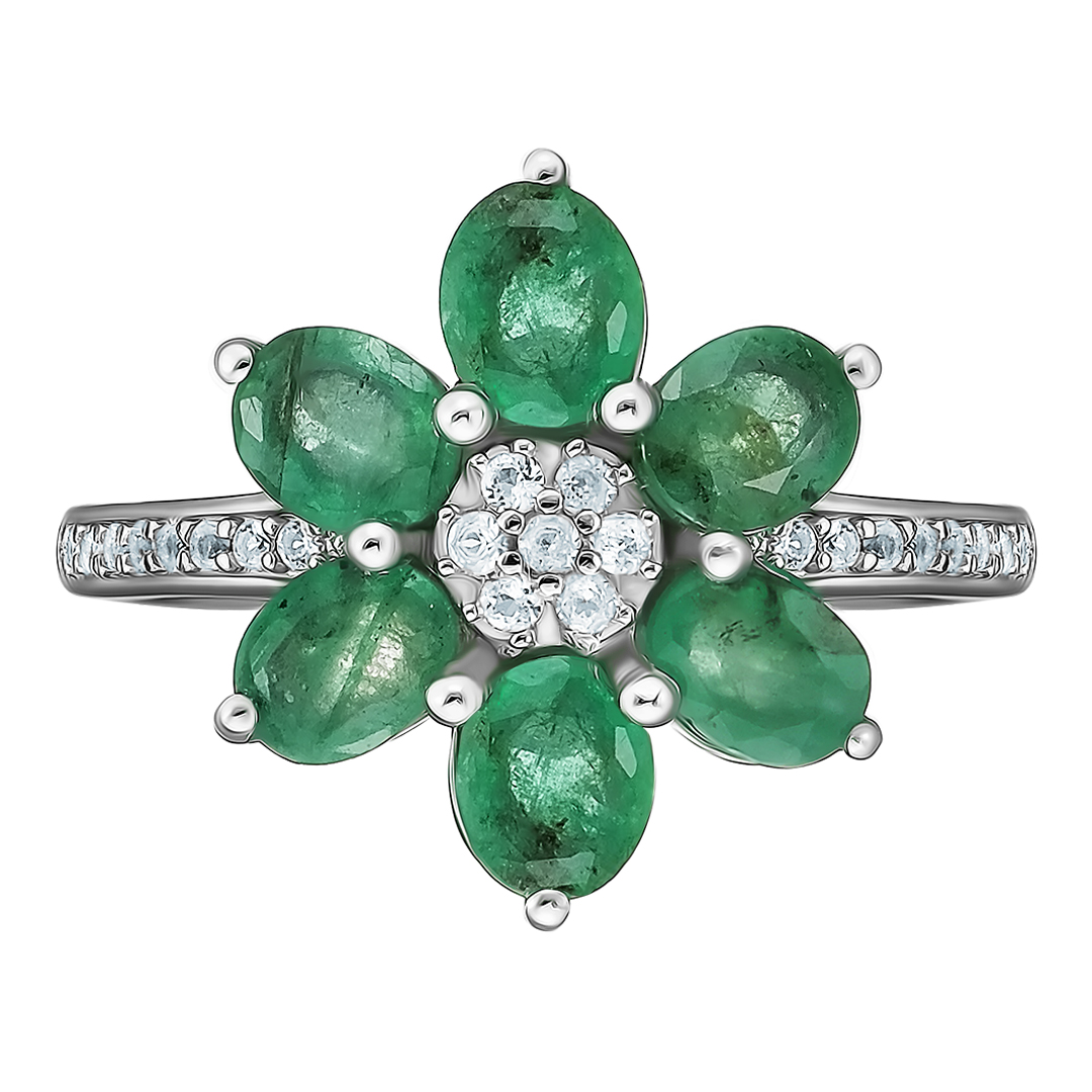 Серебряное кольцо 925 пробы; вставки 6 Изумруд (О) 4/Г3 1,85ct; 23 Топаз бел. 0,17ct;