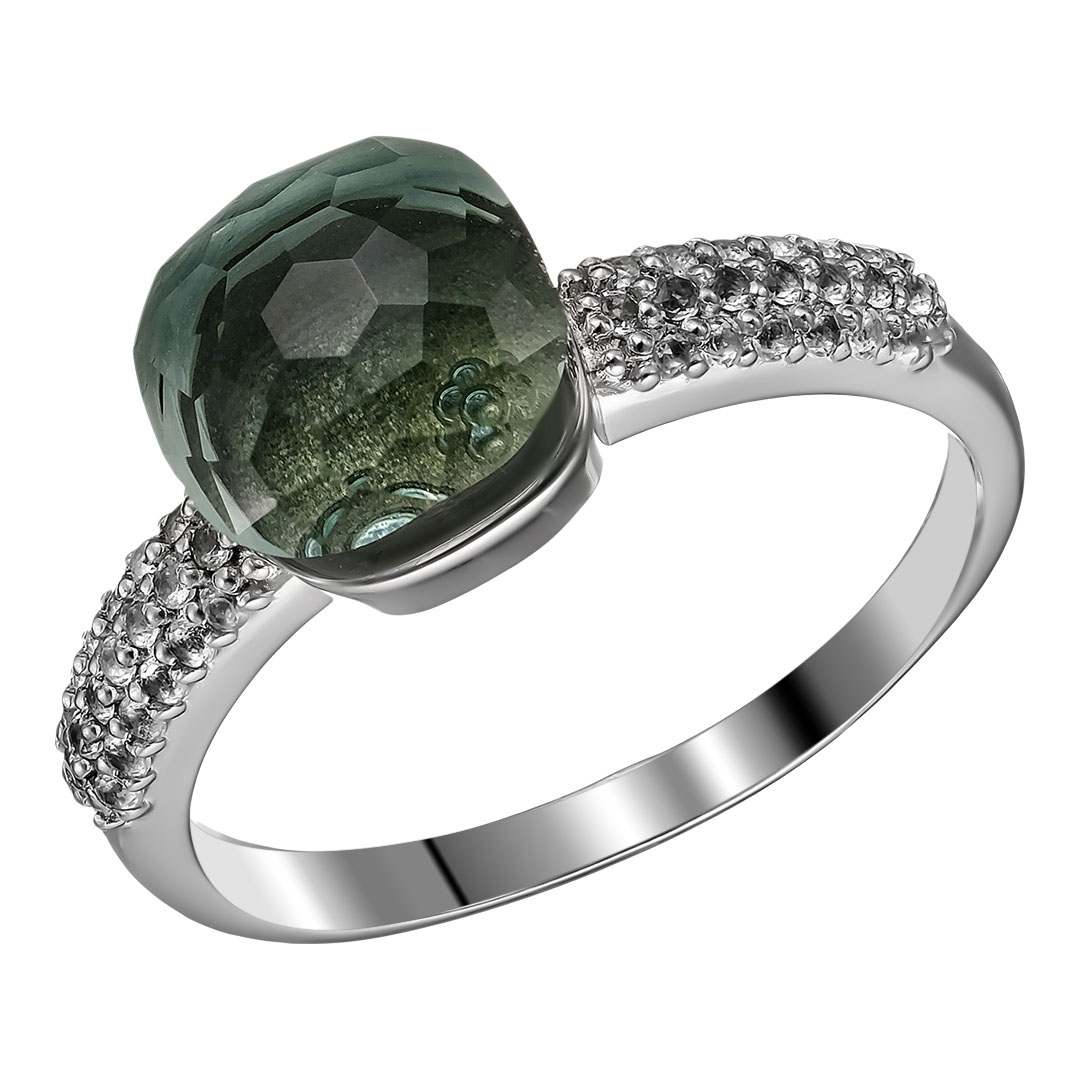 Серебряное кольцо 925 пробы; вставки 1 Празиолит; 38 Топаз белый;