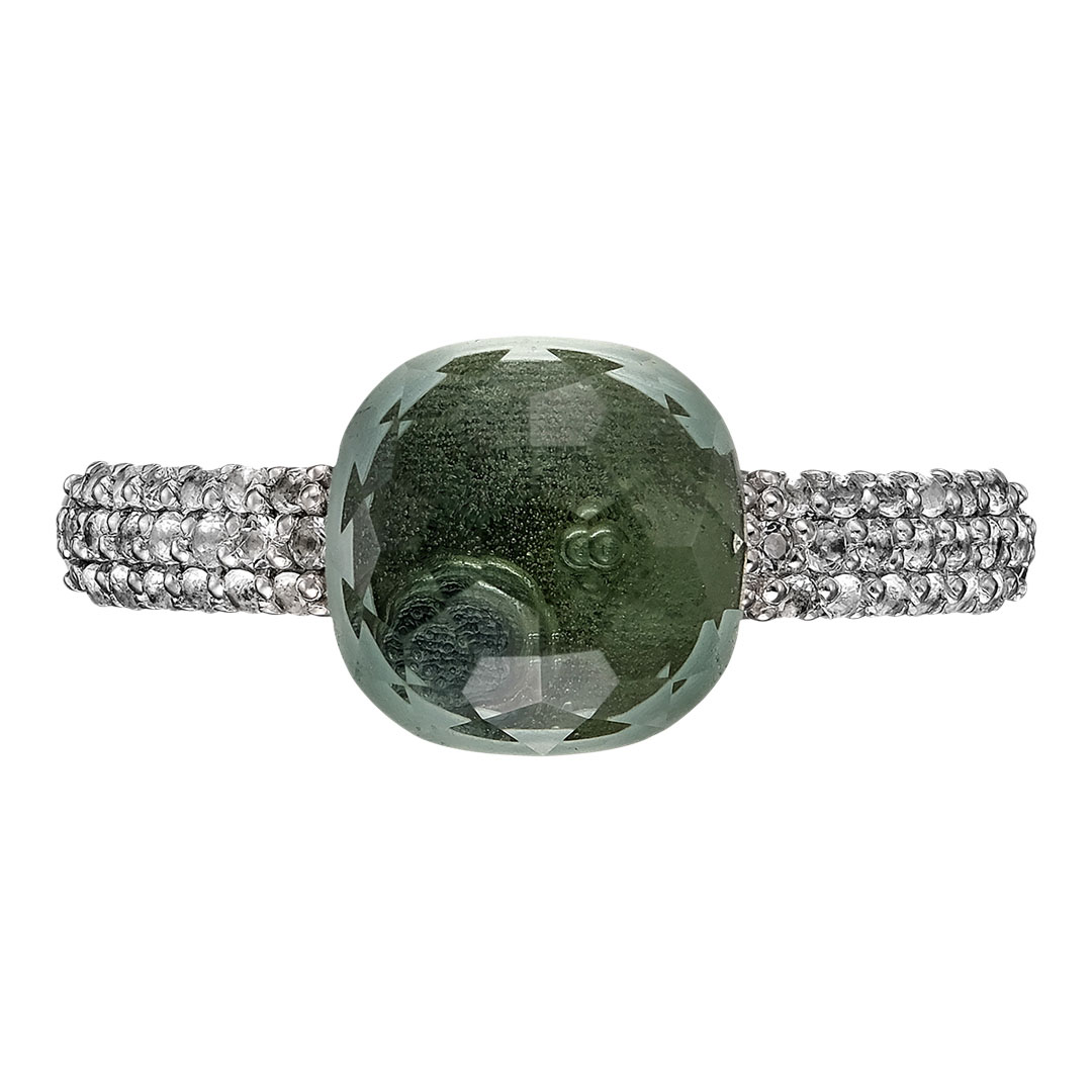 Серебряное кольцо 925 пробы; вставки 1 Празиолит; 38 Топаз белый;