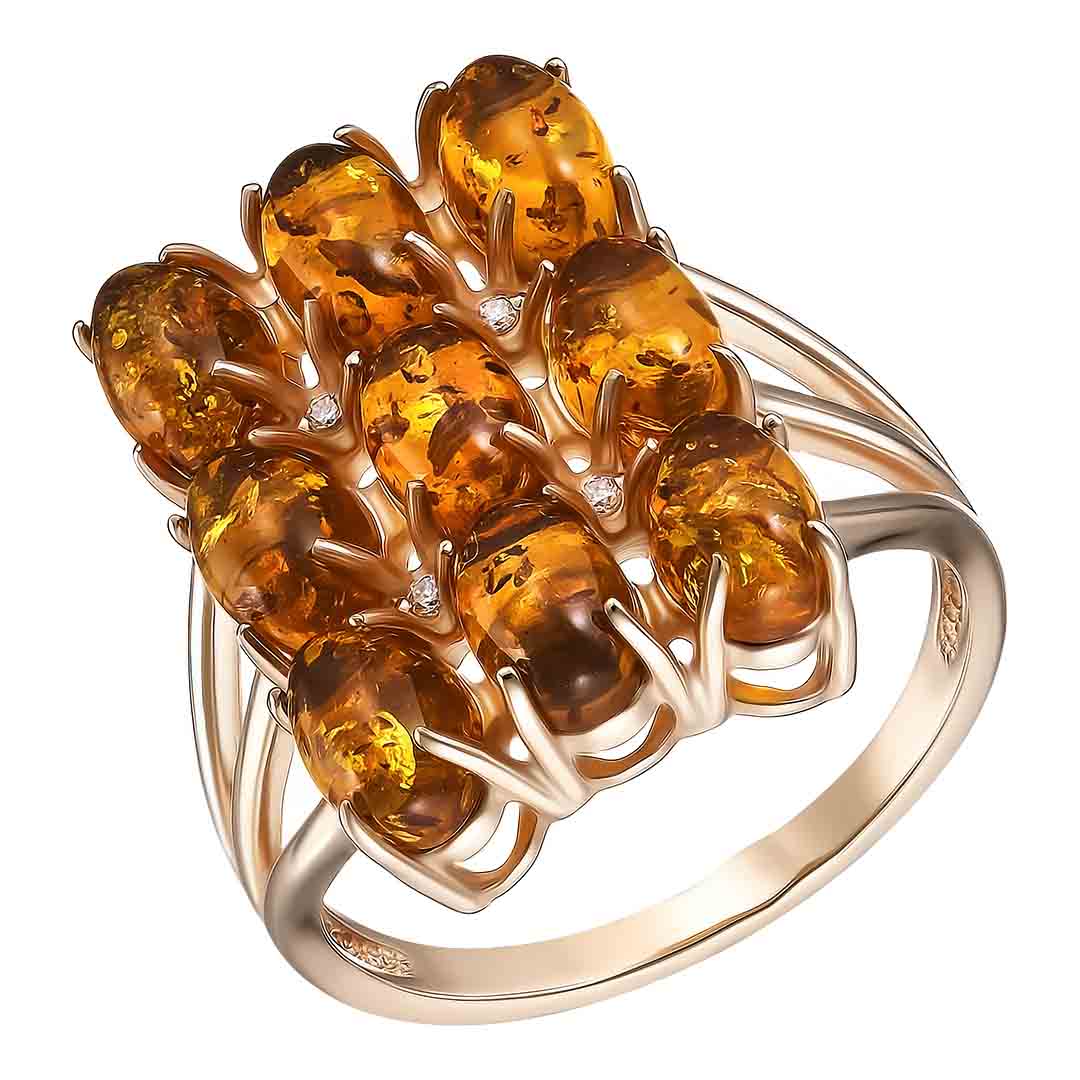 Серебряное кольцо 925 пробы; вставки 9 Янтарь; 4 Фианит бесцв.;