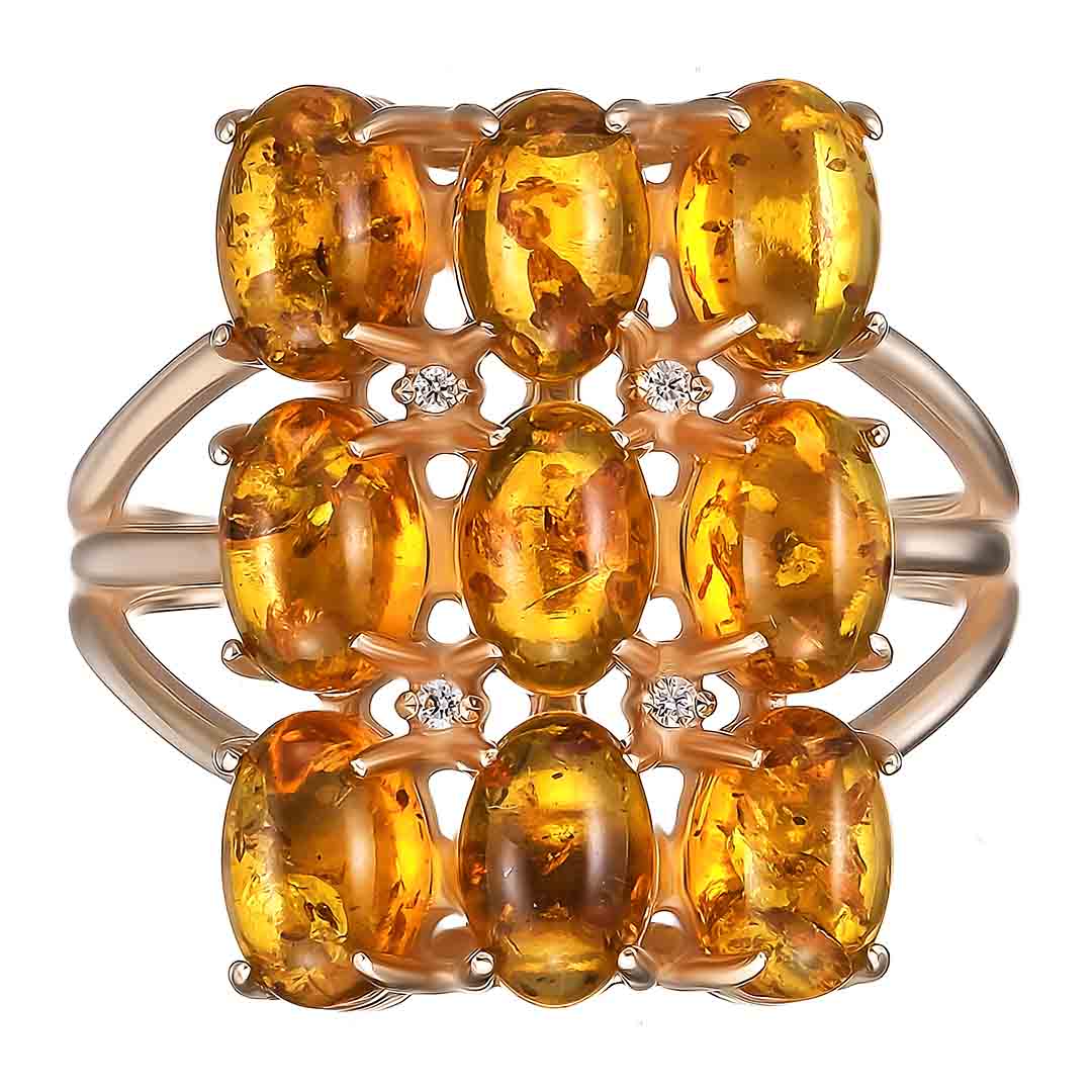 Серебряное кольцо 925 пробы; вставки 9 Янтарь; 4 Фианит бесцв.;