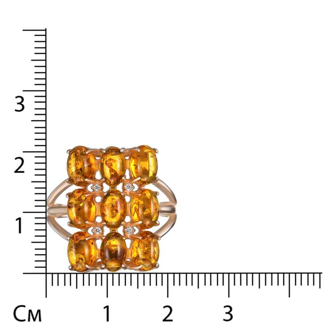 Серебряное кольцо 925 пробы; вставки 9 Янтарь; 4 Фианит бесцв.;