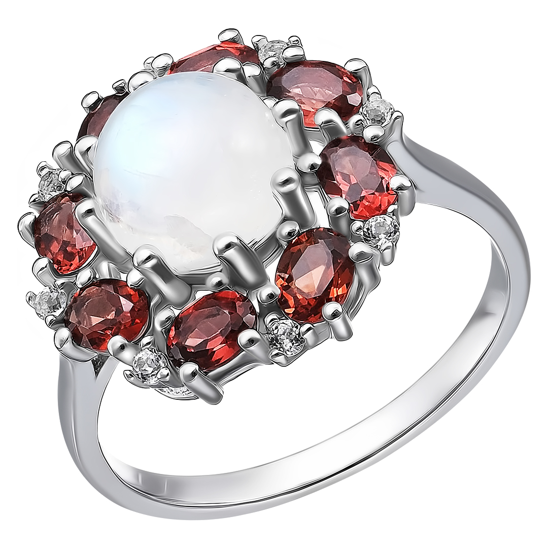 Серебряное кольцо 925 пробы; вставки 1 Лунный камень 2,45ct; 8 Гранат 1,74ct; 8 Топаз белый 0,13ct;