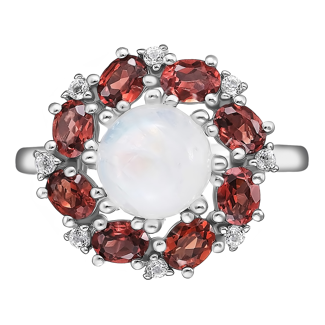 Серебряное кольцо 925 пробы; вставки 1 Лунный камень 2,45ct; 8 Гранат 1,74ct; 8 Топаз белый 0,13ct;
