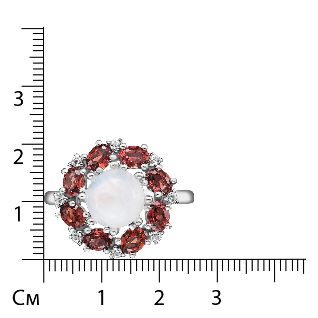 Серебряное кольцо 925 пробы; вставки 1 Лунный камень 2,45ct; 8 Гранат 1,74ct; 8 Топаз белый 0,13ct;