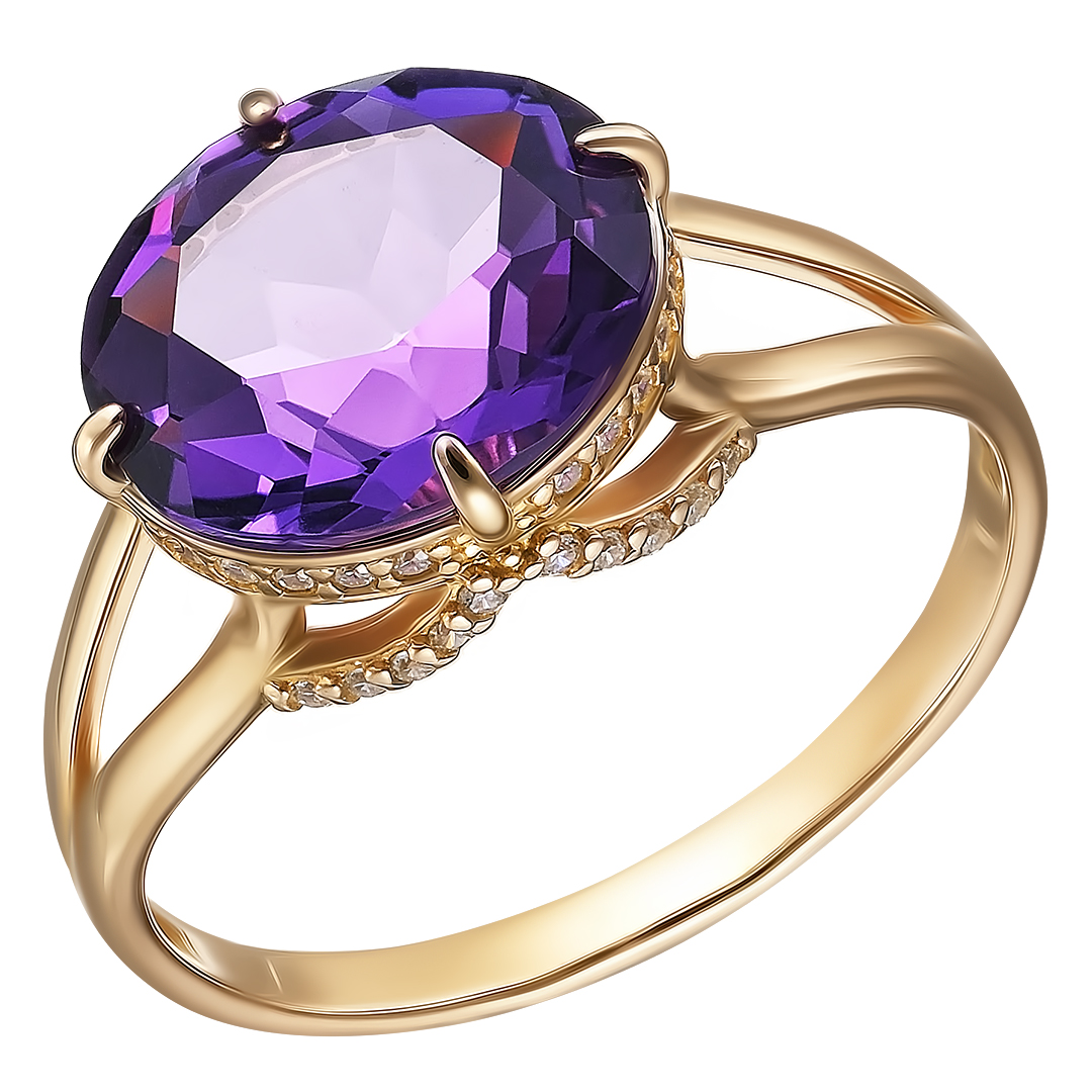Серебряное кольцо 925 пробы; вставки 1 Аметист; 40 Фианит бесцв.;