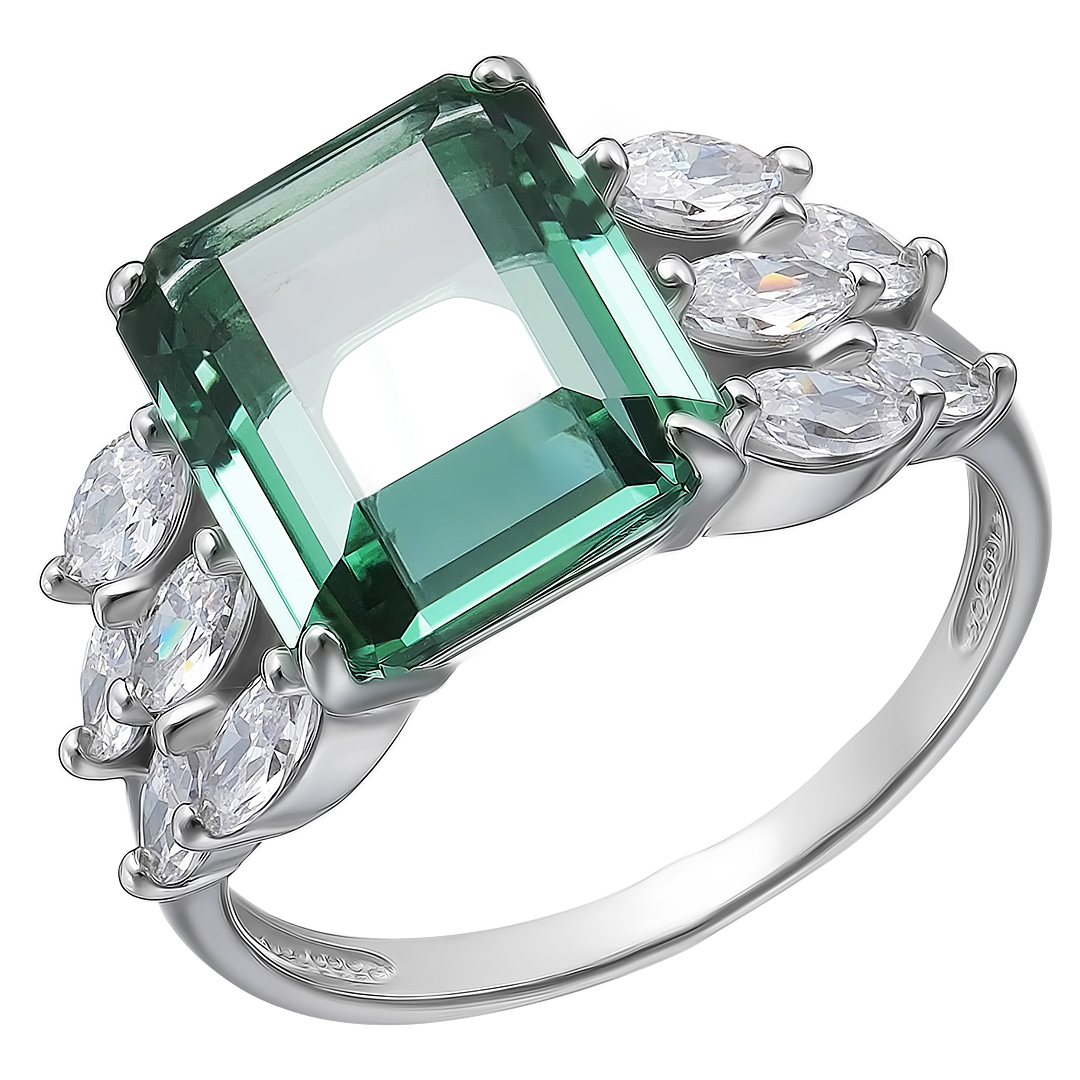 Серебряное кольцо 925 пробы; вставки 1 Празиолит; 10 Фианит бесцв.;