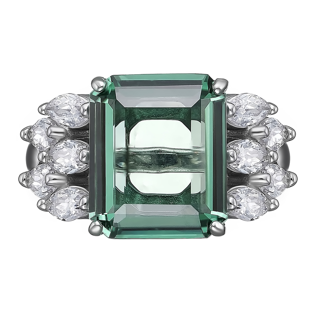 Серебряное кольцо 925 пробы; вставки 1 Празиолит; 10 Фианит бесцв.;