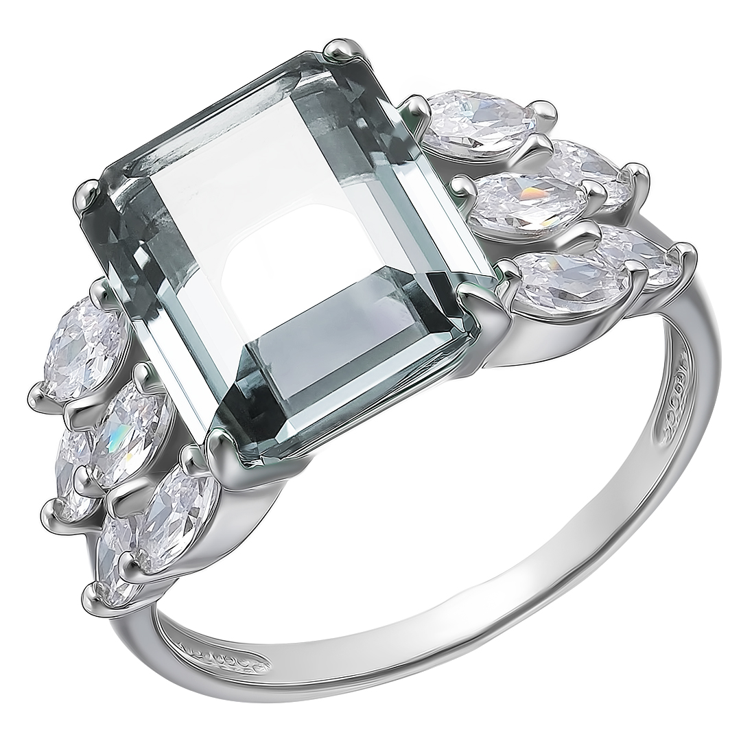 Серебряное кольцо 925 пробы; вставки 1 Горный Хрусталь; 10 Фианит бесцв.;