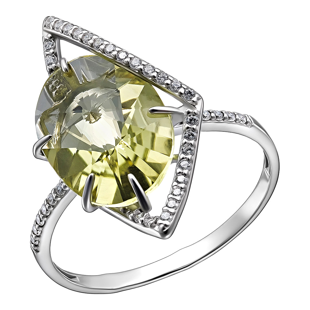 Серебряное кольцо 925 пробы; вставки 1 Цитрин; 36 Фианит бесцв.;