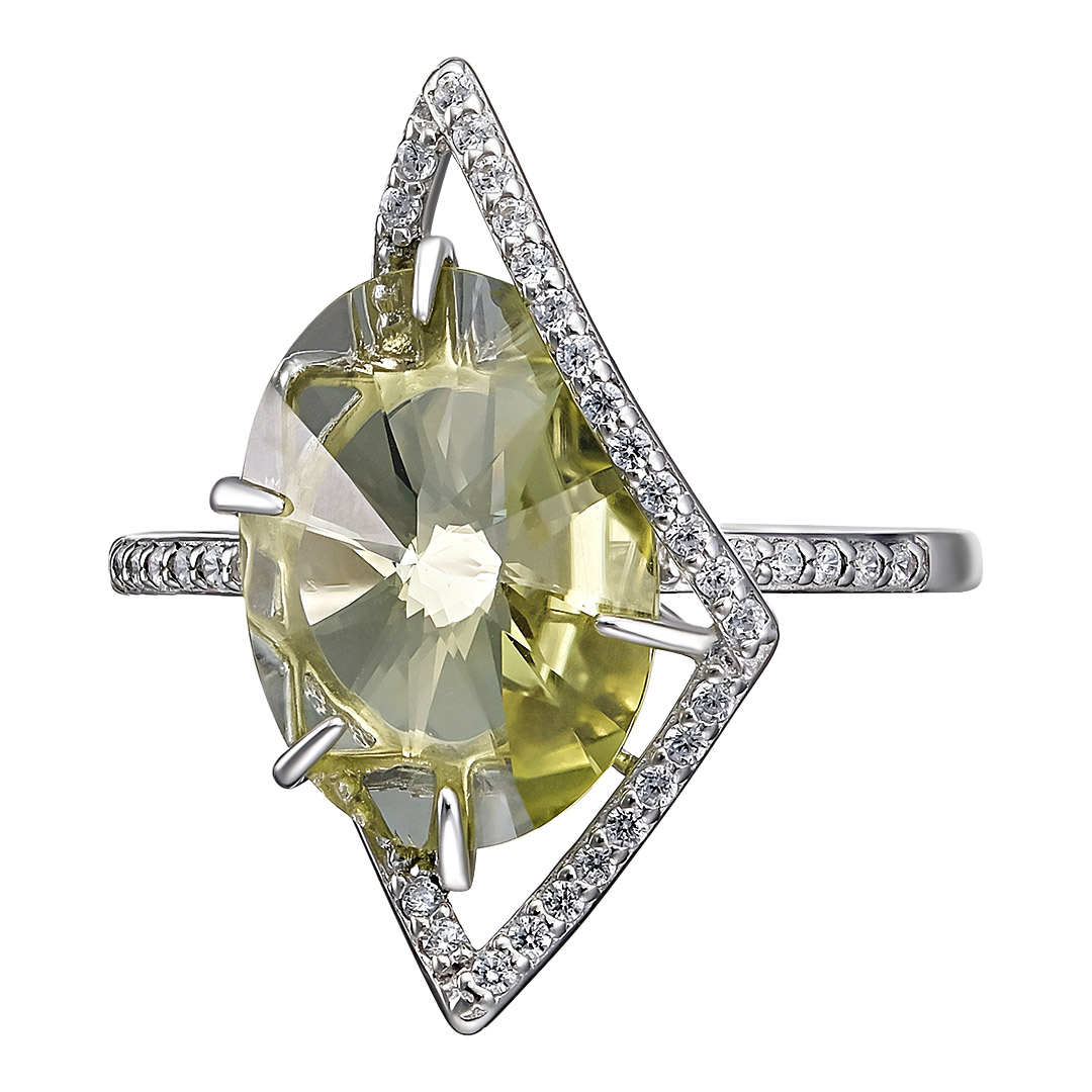 Серебряное кольцо 925 пробы; вставки 1 Цитрин; 36 Фианит бесцв.;