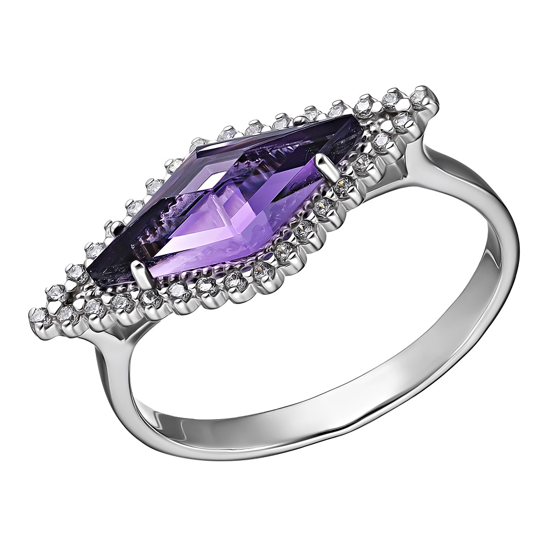 Серебряное кольцо 925 пробы; вставки 1 Аметист; 32 Фианит бесцв.;