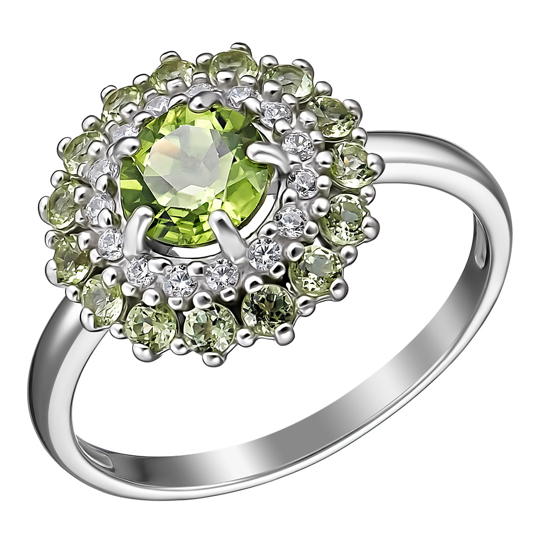 Серебряное кольцо 925 пробы; вставки 16 Хризолит; 15 Фианит бесцв.;