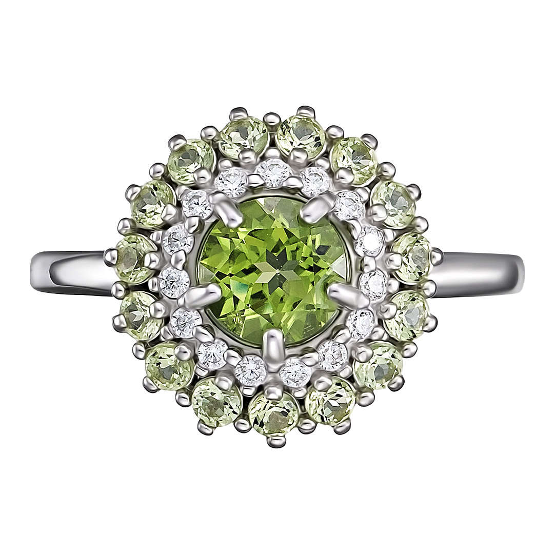 Серебряное кольцо 925 пробы; вставки 16 Хризолит; 15 Фианит бесцв.;