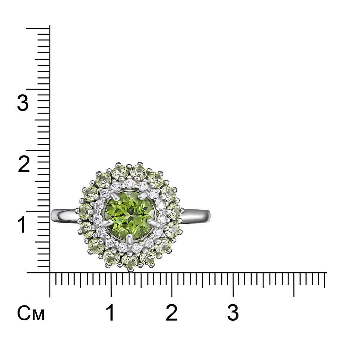 Серебряное кольцо 925 пробы; вставки 16 Хризолит; 15 Фианит бесцв.;