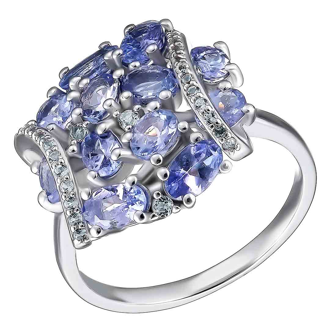 Серебряное кольцо 925 пробы; вставки 12 Танзанит 2ct; Россыпь Топаз бел.;