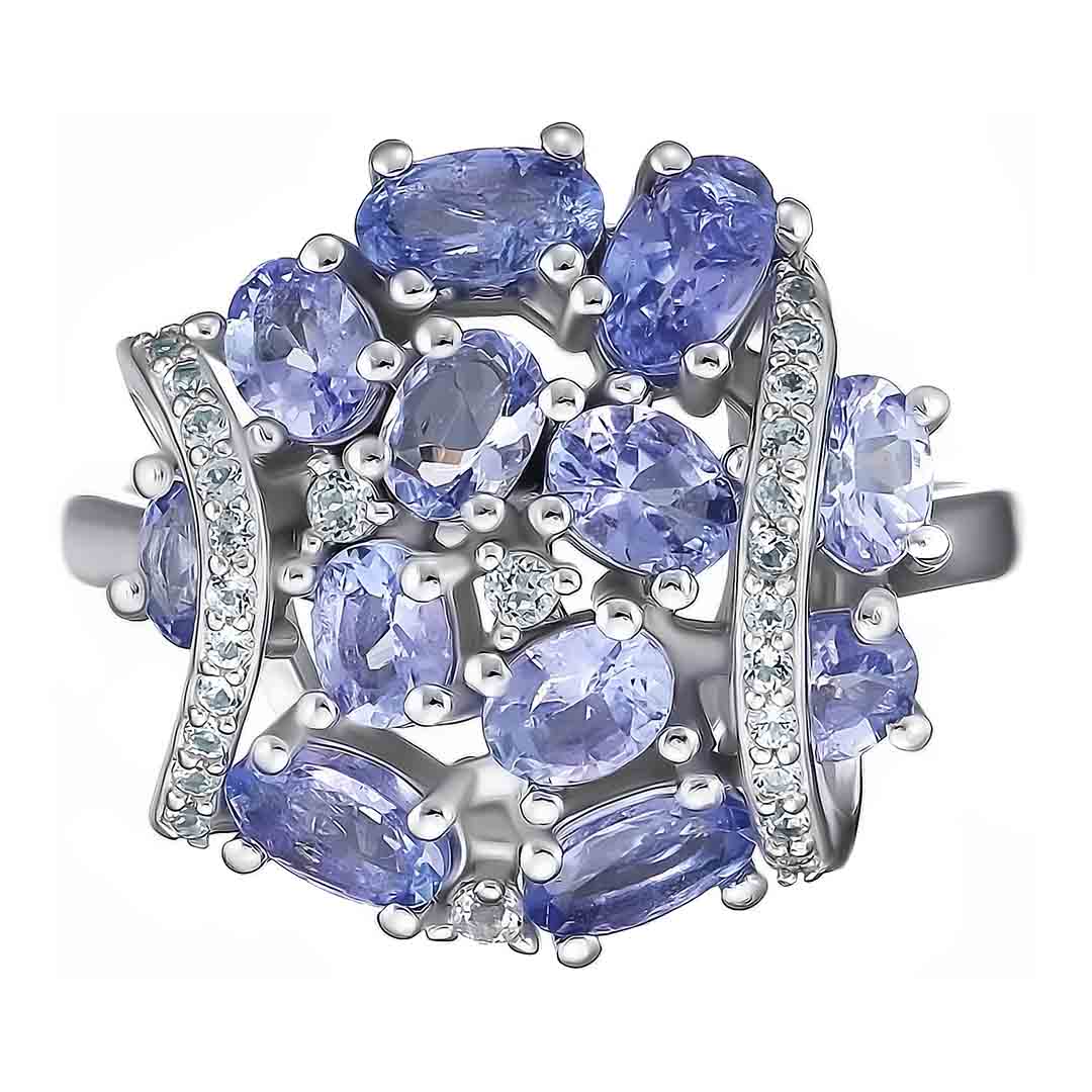 Серебряное кольцо 925 пробы; вставки 12 Танзанит 2ct; Россыпь Топаз бел.;