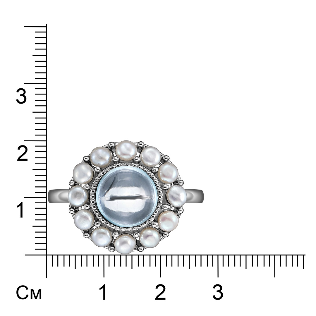 Серебряное кольцо 925 пробы; вставки 1 Топаз голубой 2,48ct; Россыпь Жемчуг культ. бел.;