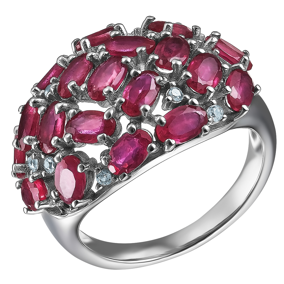Серебряное кольцо 925 пробы; вставки 19 Рубин F/2 6,02ct; Россыпь Топаз бел.;