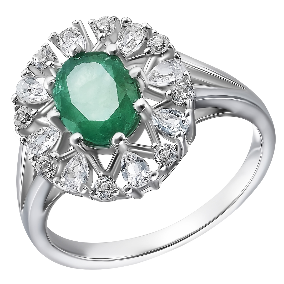 Серебряное кольцо 925 пробы; вставки 1 Изумруд (О) 4/Г3 1,23ct; Россыпь Топаз бел. 0,63ct;