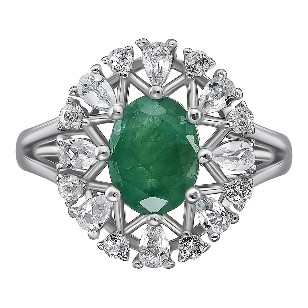 Серебряное кольцо 925 пробы; вставки 1 Изумруд (О) 4/Г3 1,23ct; Россыпь Топаз бел. 0,63ct;