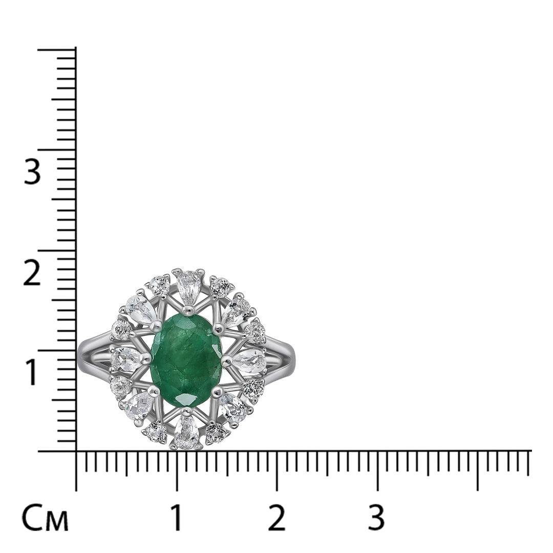 Серебряное кольцо 925 пробы; вставки 1 Изумруд (О) 4/Г3 1,23ct; Россыпь Топаз бел. 0,63ct;