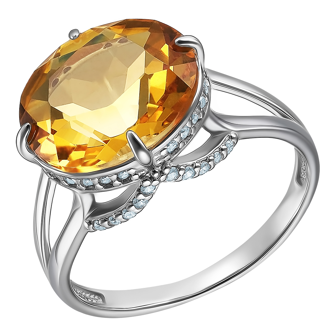 Серебряное кольцо 925 пробы; вставки 1 Цитрин; 40 Фианит бесцв.;