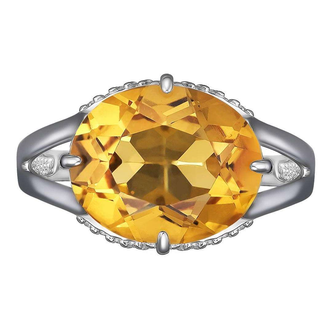 Серебряное кольцо 925 пробы; вставки 1 Цитрин; 40 Фианит бесцв.;