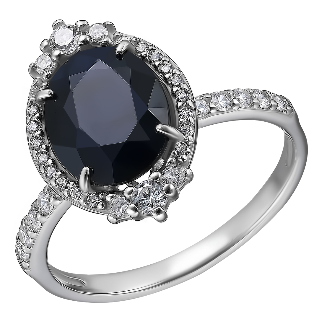 Серебряное кольцо 925 пробы; вставки 1 Сапфир 3 U/2; 34 Фианит бесцв.;