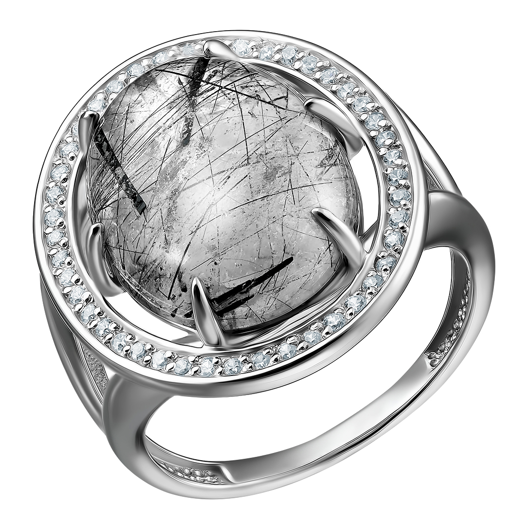 Серебряное кольцо 925 пробы; вставки 1 Кварц рутиловый; 44 Фианит бесцв.;