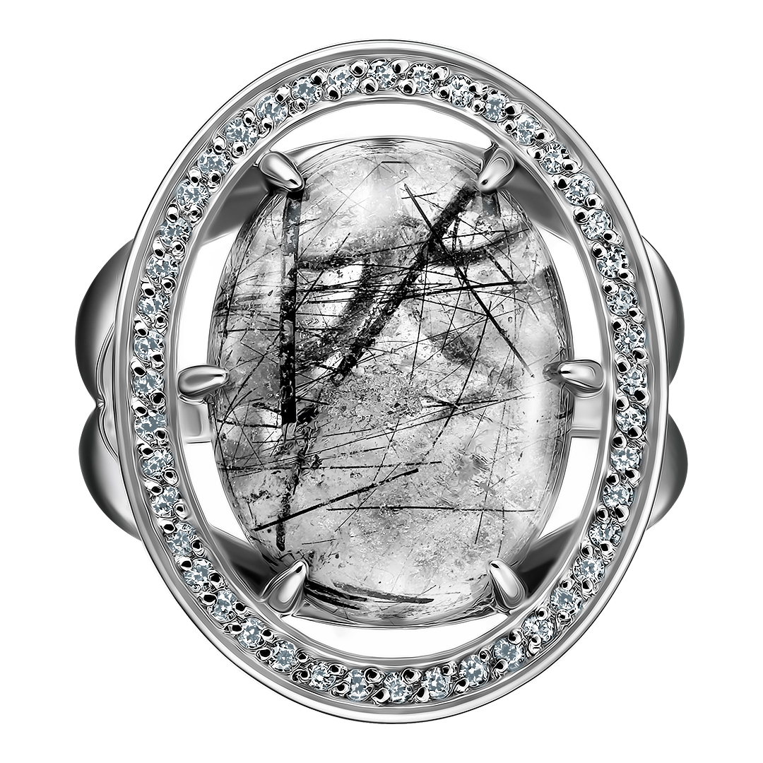 Серебряное кольцо 925 пробы; вставки 1 Кварц рутиловый; 44 Фианит бесцв.;