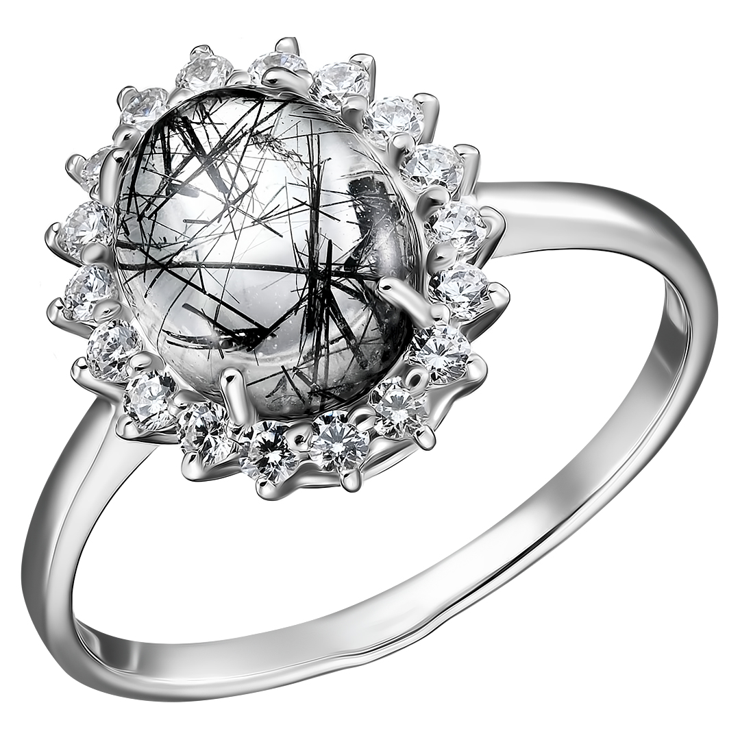 Серебряное кольцо 925 пробы; вставки 1 Кварц рутиловый; 18 Фианит бесцв.;