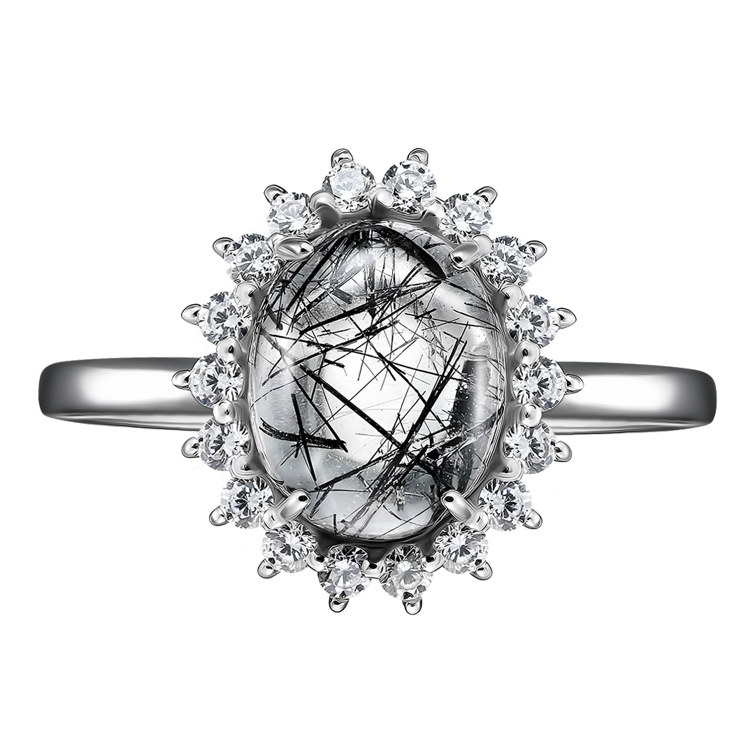Серебряное кольцо 925 пробы; вставки 1 Кварц рутиловый; 18 Фианит бесцв.;