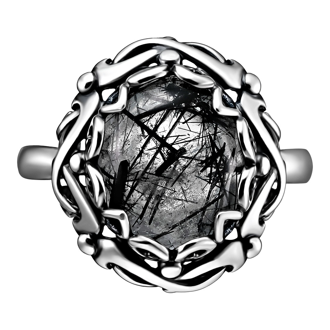 Серебряное кольцо 925 пробы; оксидирование; вставки 1 Кварц рутиловый;