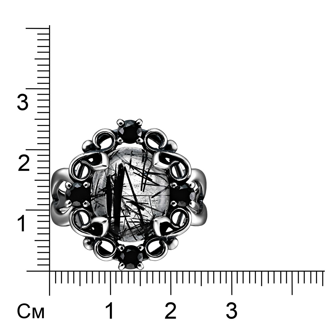 Серебряное кольцо 925 пробы; оксидирование; вставки 1 Кварц рутиловый; 4 Шпинель черная;