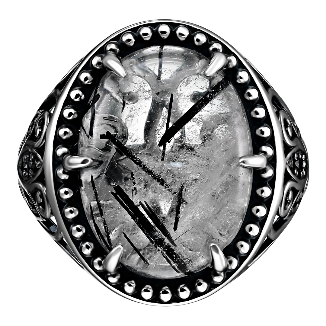 Серебряное кольцо 925 пробы; оксидирование; вставки 1 Кварц рутиловый; 14 Фианит черн.;