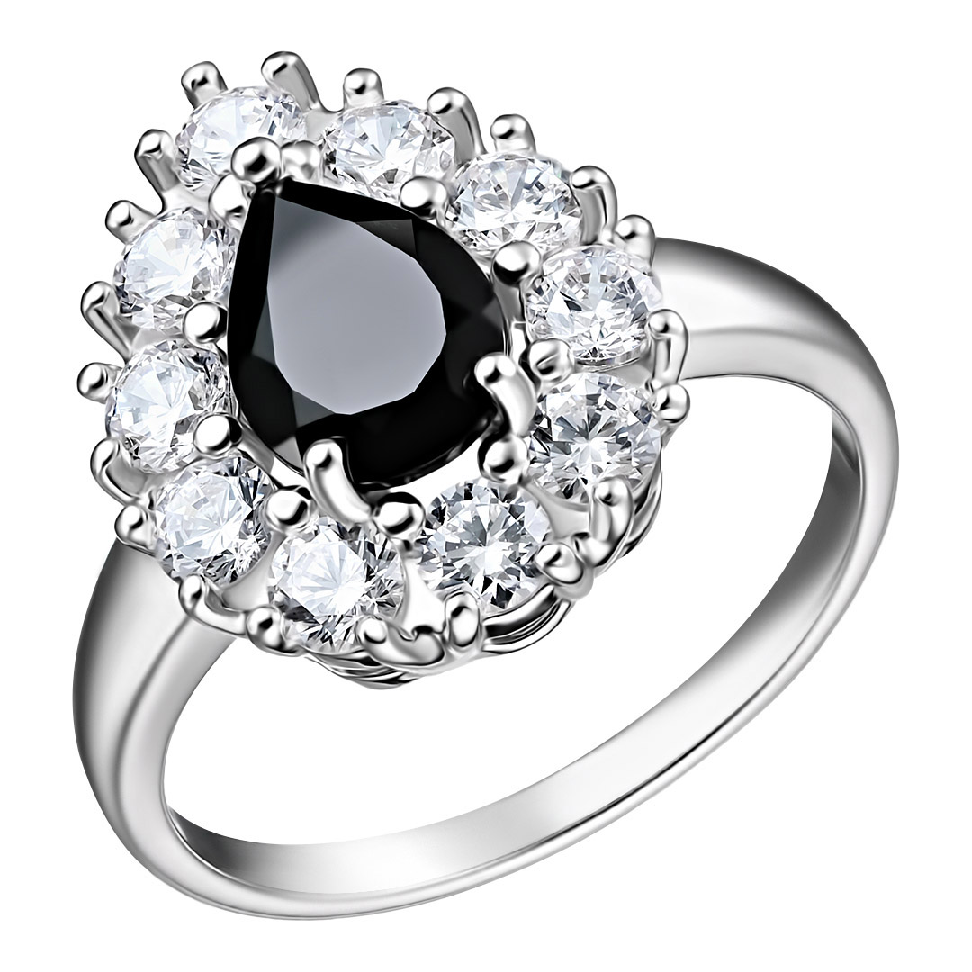 Серебряное кольцо 925 пробы; вставки 1 Турмалин черный; 10 Фианит бесцв.;