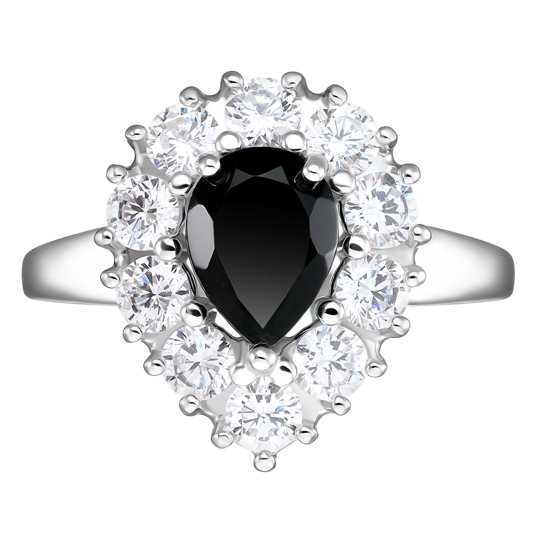 Серебряное кольцо 925 пробы; вставки 1 Турмалин черный; 10 Фианит бесцв.;