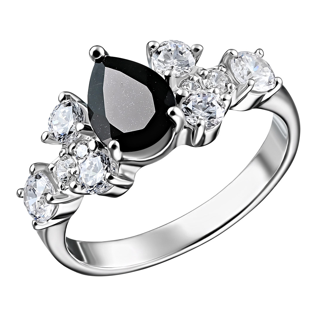 Серебряное кольцо 925 пробы; вставки 1 Турмалин черный; 10 Фианит бесцв.;
