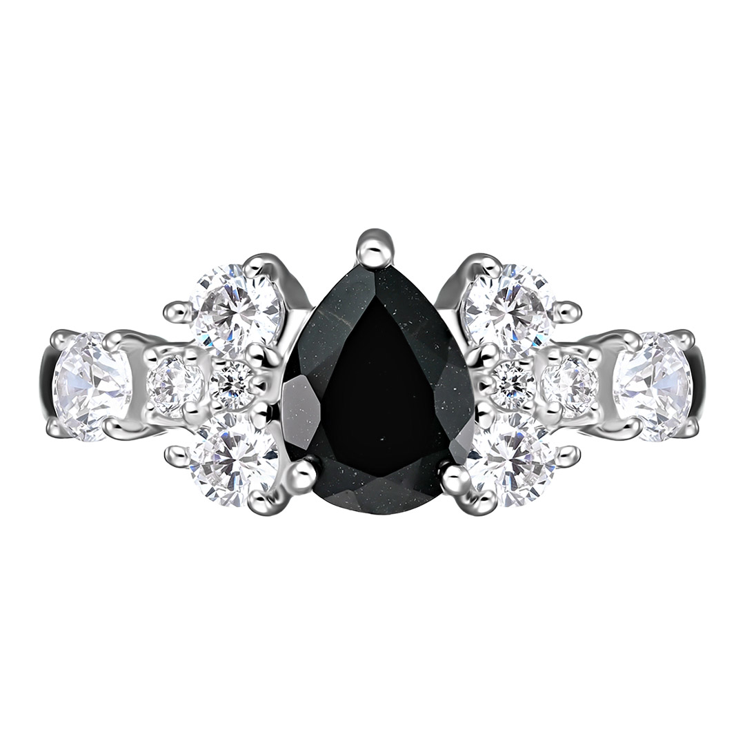 Серебряное кольцо 925 пробы; вставки 1 Турмалин черный; 10 Фианит бесцв.;