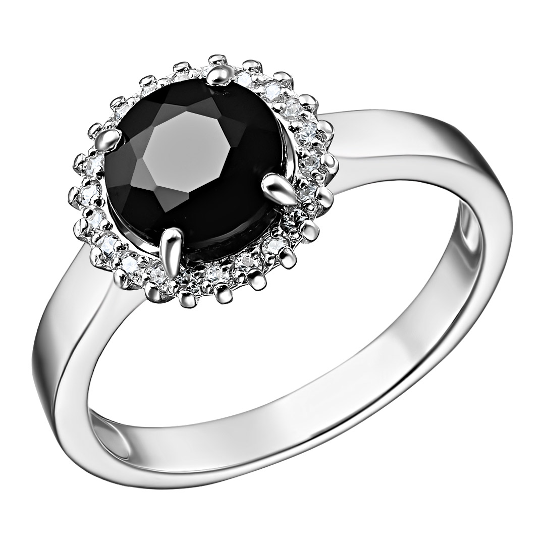 Серебряное кольцо 925 пробы; вставки 1 Турмалин черный; 22 Фианит бесцв.;