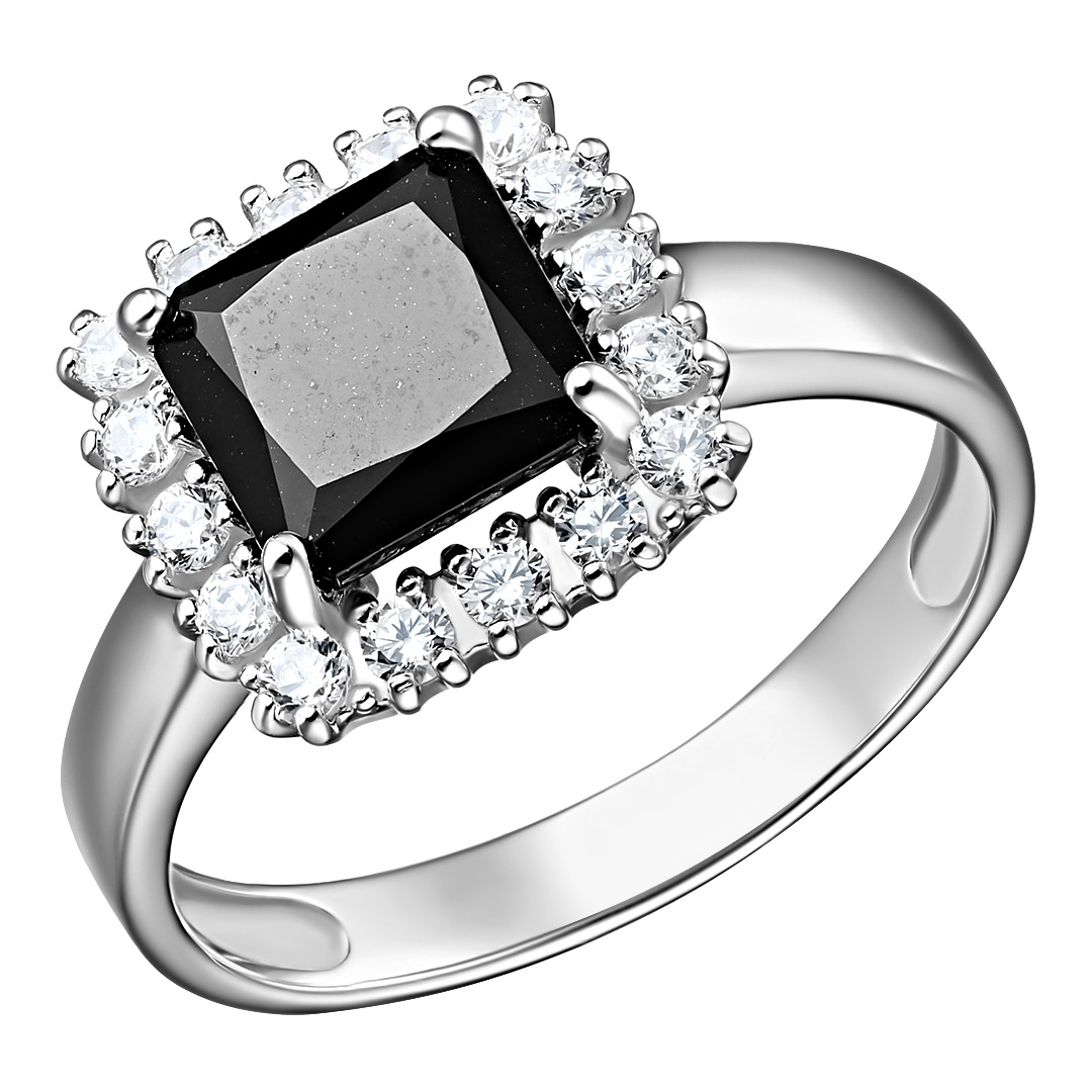 Серебряное кольцо 925 пробы; вставки 1 Турмалин черный; 16 Фианит бесцв.;