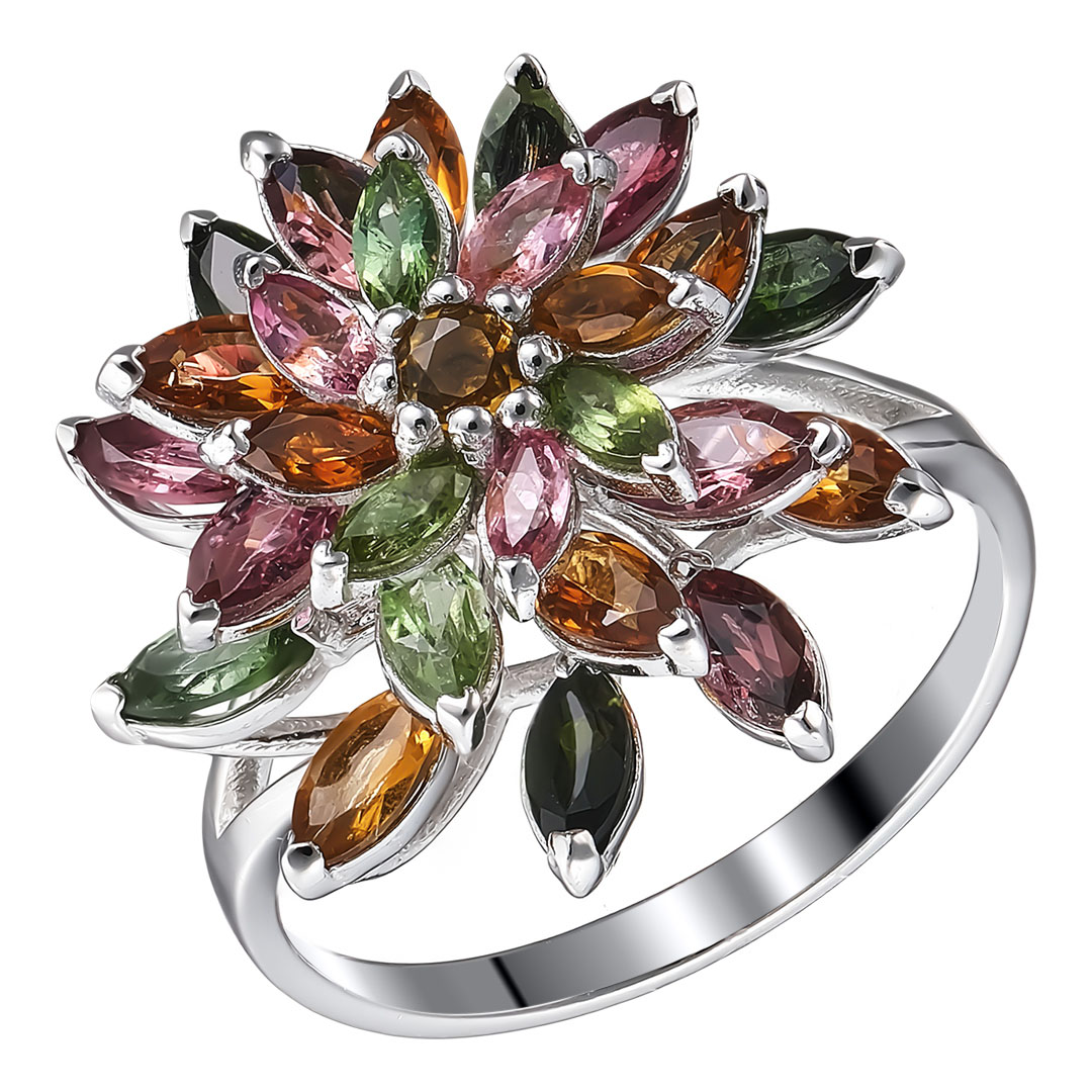 Серебряное кольцо 925 пробы; с подвижн. эл.; вставки 27 Мультитурмалин 4,24ct;
