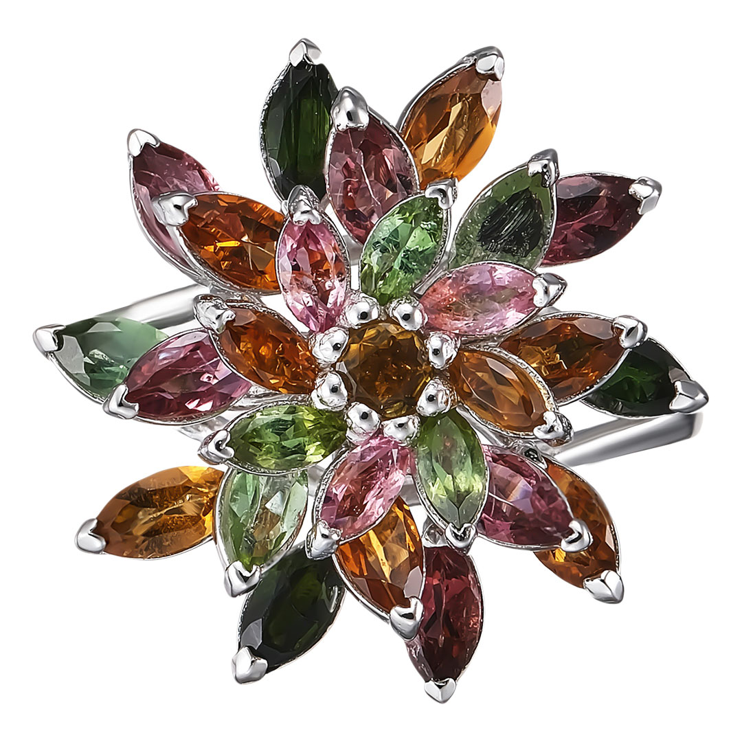 Серебряное кольцо 925 пробы; с подвижн. эл.; вставки 27 Мультитурмалин 4,24ct;