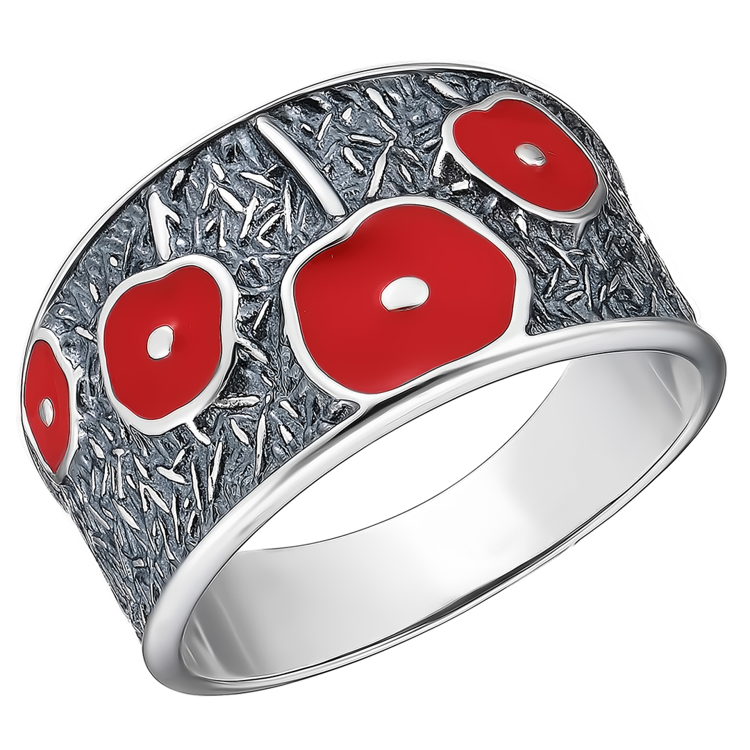 Серебряное кольцо 925 пробы; оксидирование; вставки Эмаль красная;